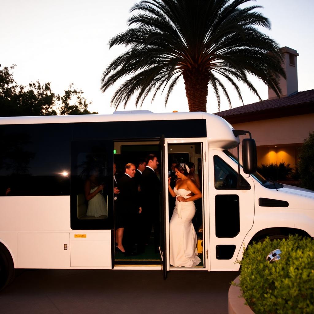 White wedding shuttle bus rental Napa picking up guests at luxury resort entrance