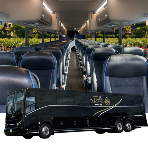 True Elegance 56-passenger luxury motorcoach with black leather seating and vineyard backdrop
