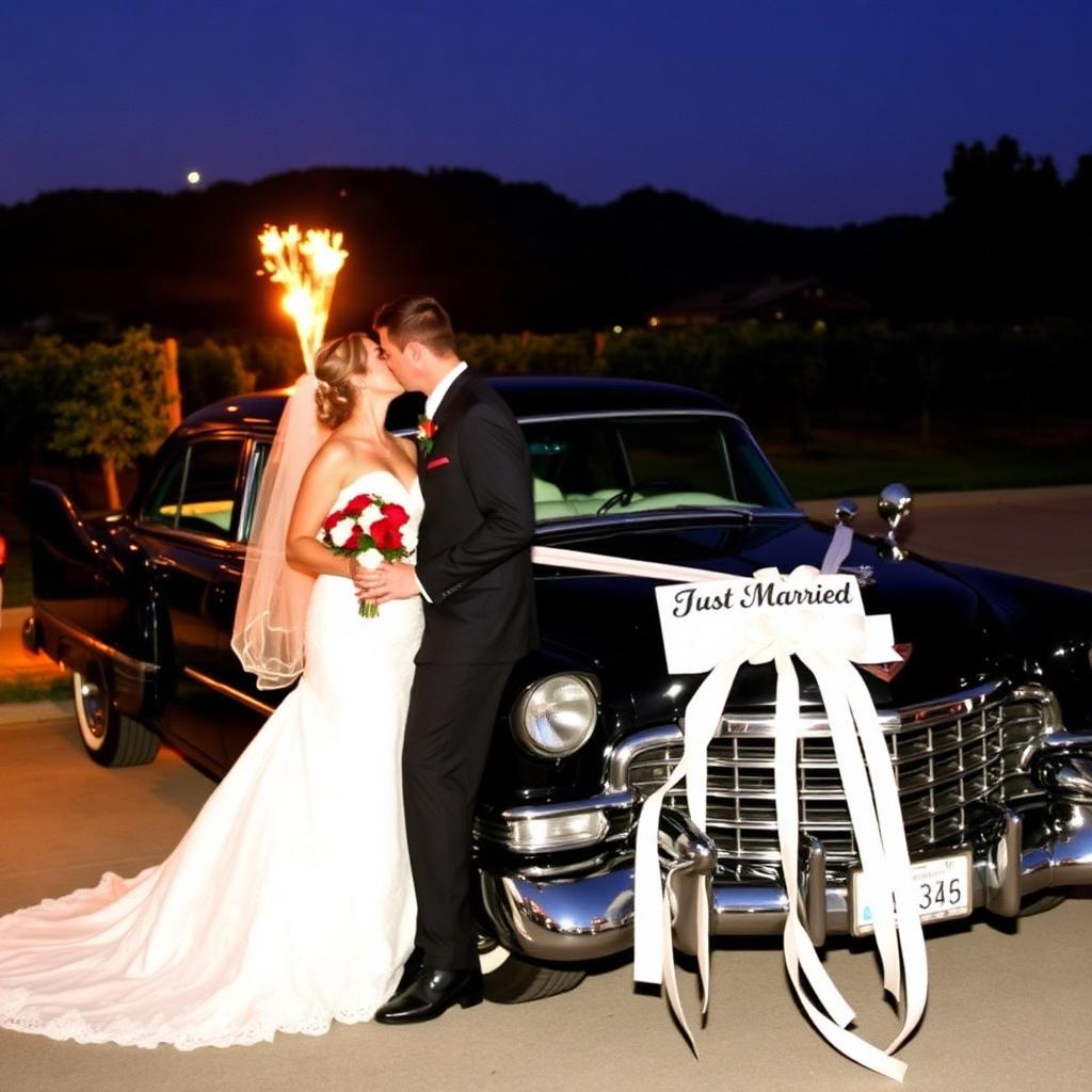 Newlyweds kissing beside a polished classic black Cadillac wedding getaway car at twilight