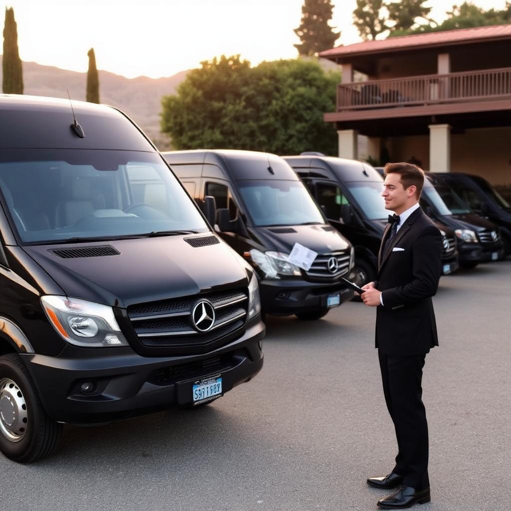 Fleet of black Mercedes Sprinter wedding shuttles with chauffeur coordinator at Napa venue