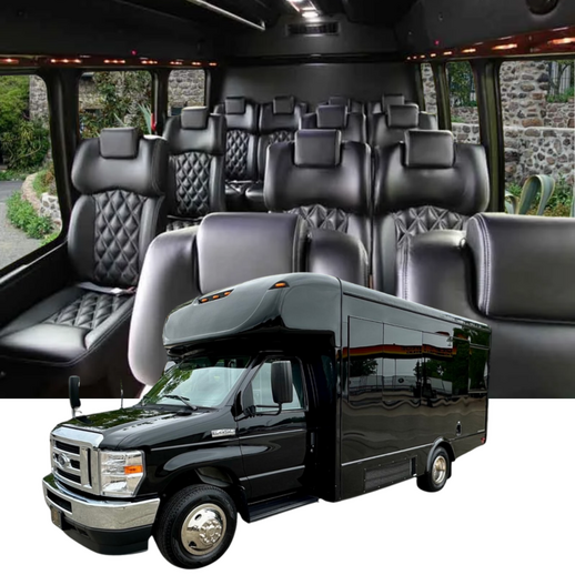 17-passenger luxury shuttle bus with diamond-stitched black leather seating