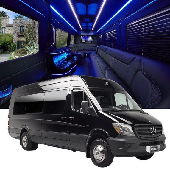 Mercedes Sprinter limousine with blue LED lighting, lounge seating, and entertainment system