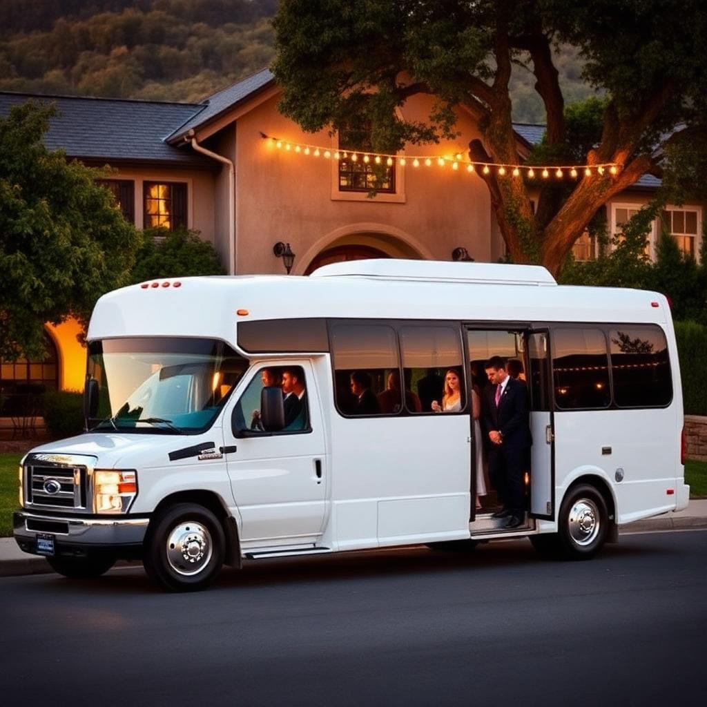Luxury wedding charter bus rental Napa Valley parked at vineyard venue at golden hour