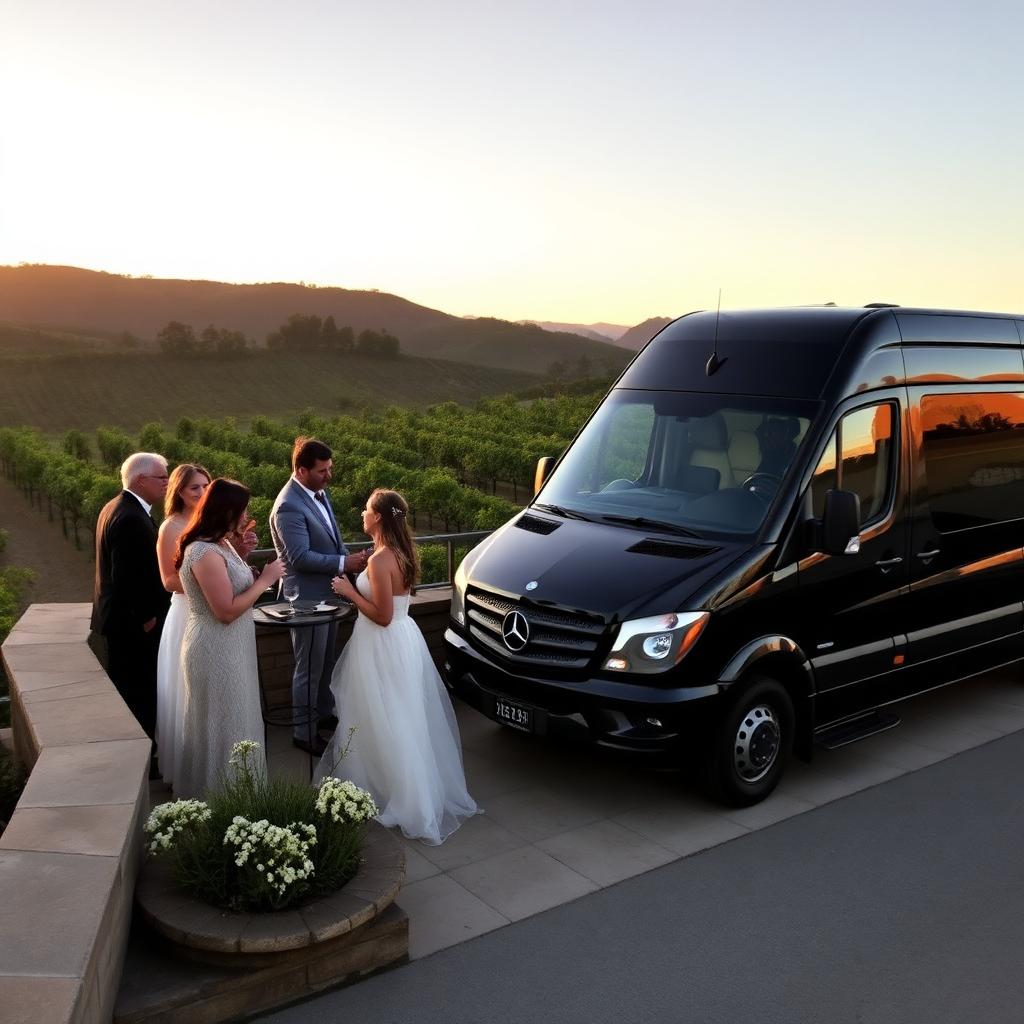 Wedding guests on private Napa Valley wine tour with black Mercedes Sprinter the day after the wedding