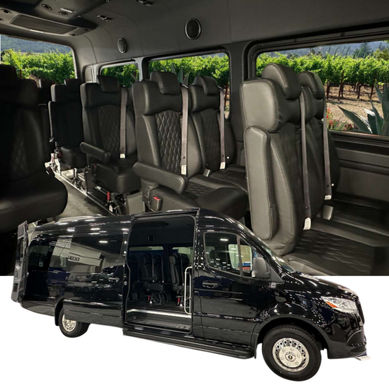Black Mercedes-Benz Sprinter with quilted leather captain's chairs overlooking Napa vineyard