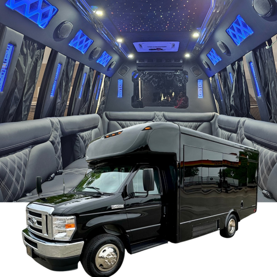 18-passenger limo party bus interior with fiber-optic star ceiling and blue LED lighting