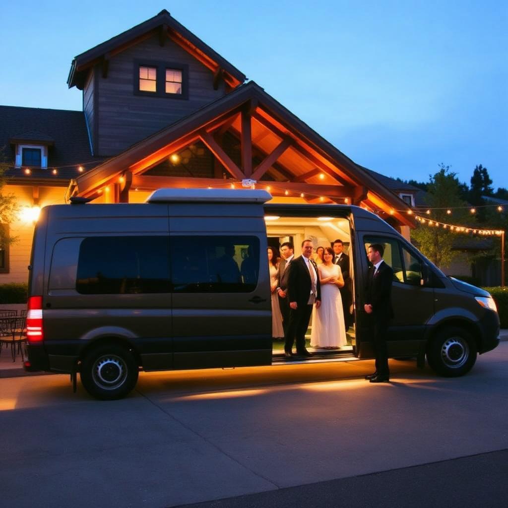 Wedding rehearsal dinner guests boarding executive Sprinter van at upscale Napa restaurant