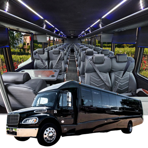 51-passenger charter coach with black leather reclining seats and ambient LED lighting