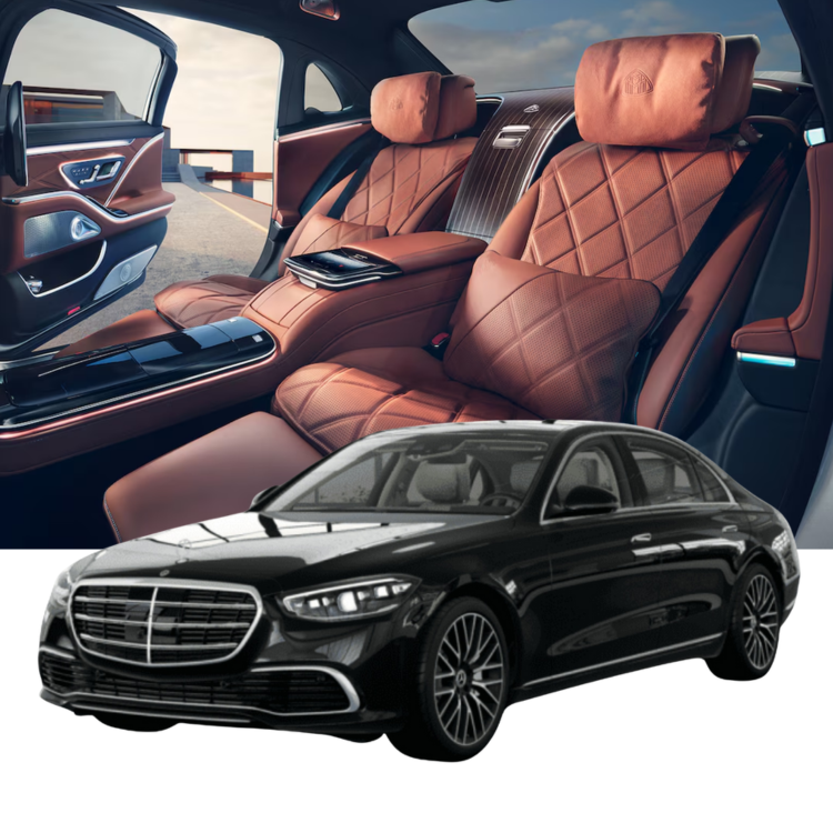 Black Mercedes-Benz S-Class sedan with diamond-stitched cognac leather interior