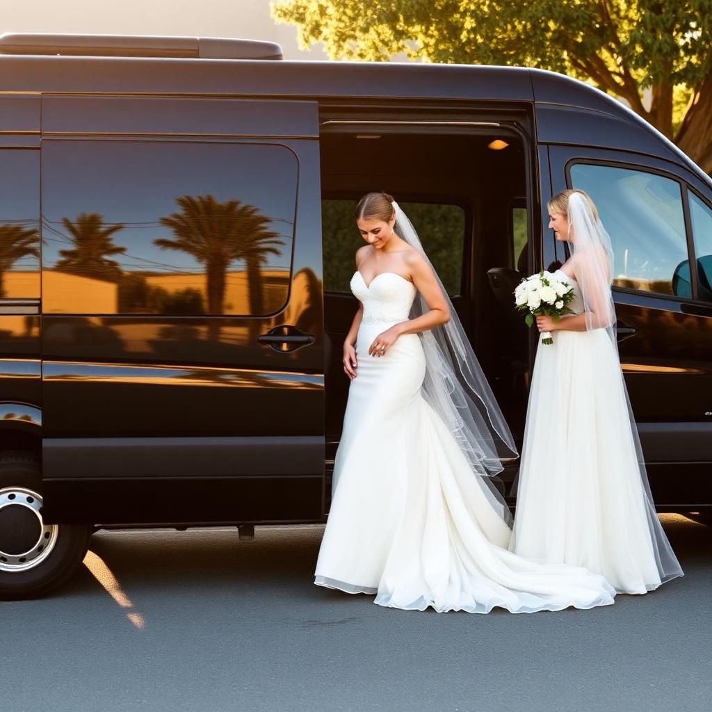 Bride and bridesmaids stepping out of black Mercedes Sprinter wedding bus at Napa vineyard