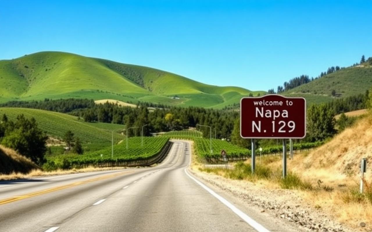 Highway 29 winding through green hills into Napa Valley near American Canyon