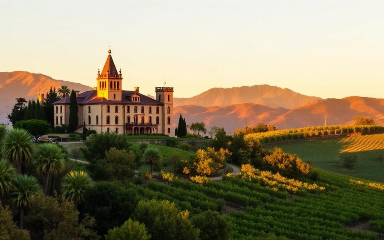Castello di Amorosa style castle winery on a Calistoga hillside with vineyards and palms