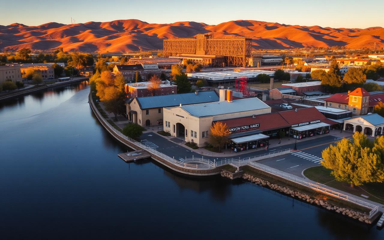 Downtown Napa riverfront with Oxbow Public Market and surrounding hills at golden hour
