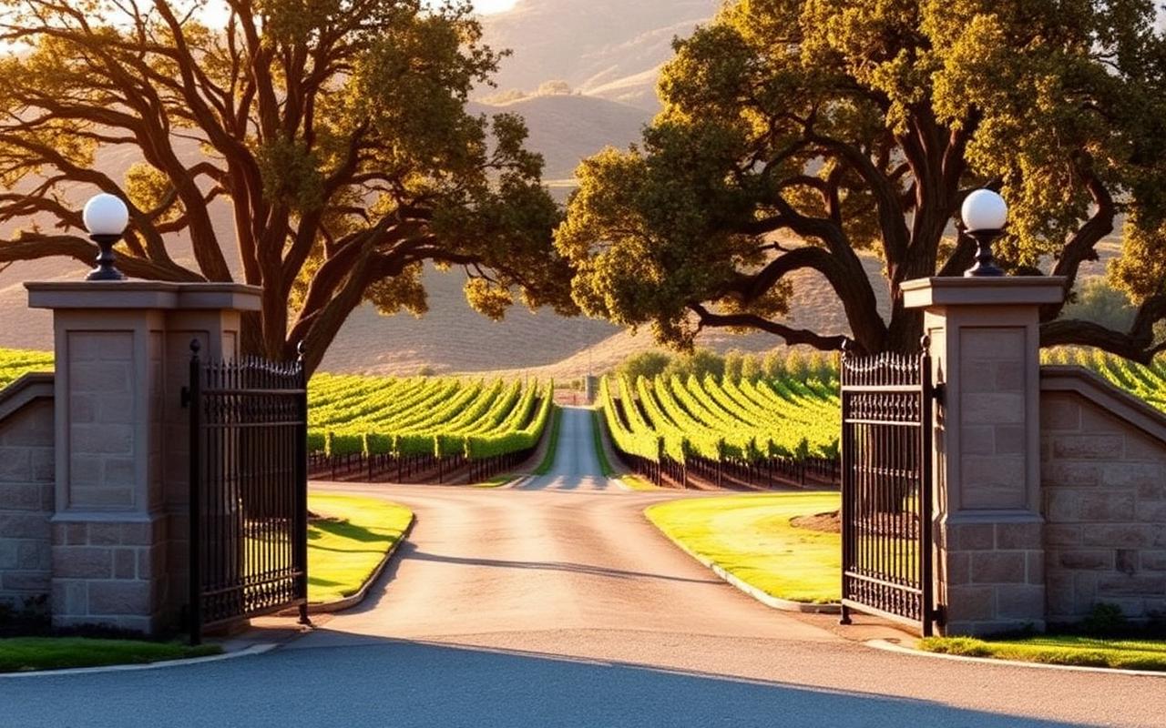 Iron gates and stone pillars opening onto an Oakville Napa Valley vineyard estate