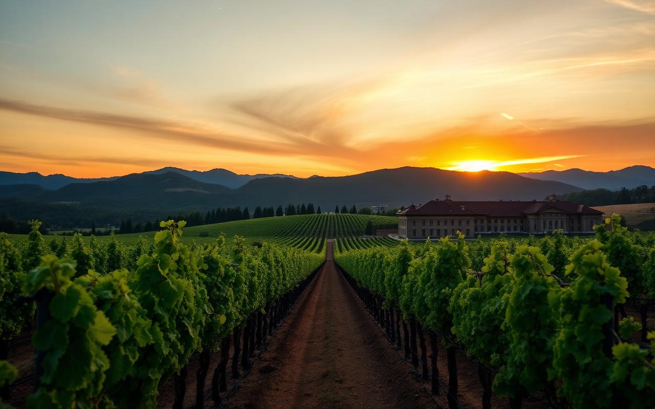Rutherford Cabernet vineyard rows at sunset with classic Napa Valley chateau
