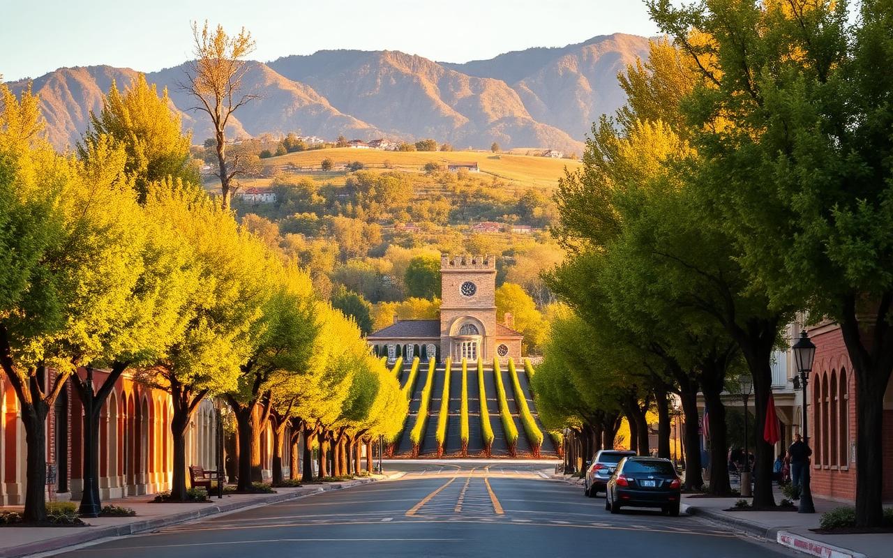 Historic St. Helena main street with stone winery and vineyards in Napa Valley