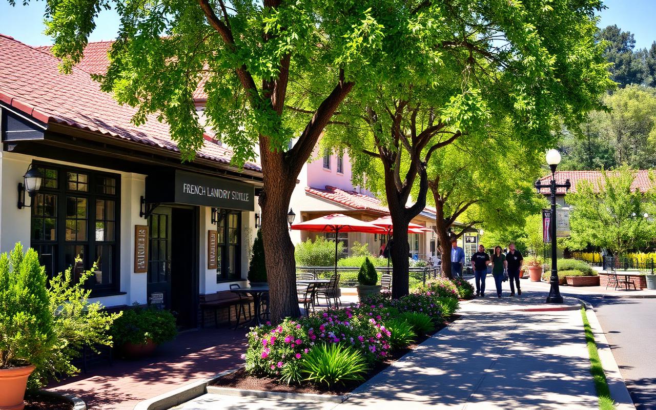 Tree-lined Yountville main street with patio dining and vineyards in Napa Valley